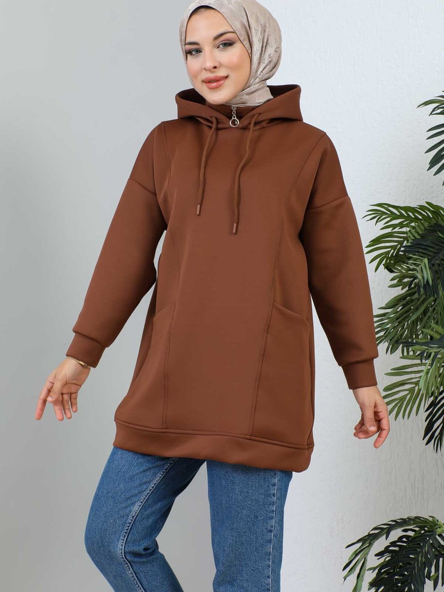 İmajbutik Kahverengi Kapüşonlu Cepli Scuba Sweatshirt