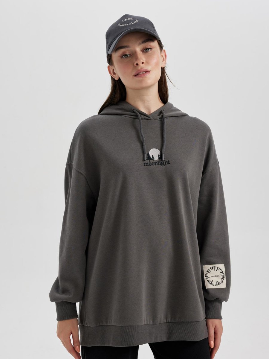 Defacto Regular Fit Kapüşonlu Nakışlı İçi Yumuşak Tüylü Kalın Sweatshirt Tunik