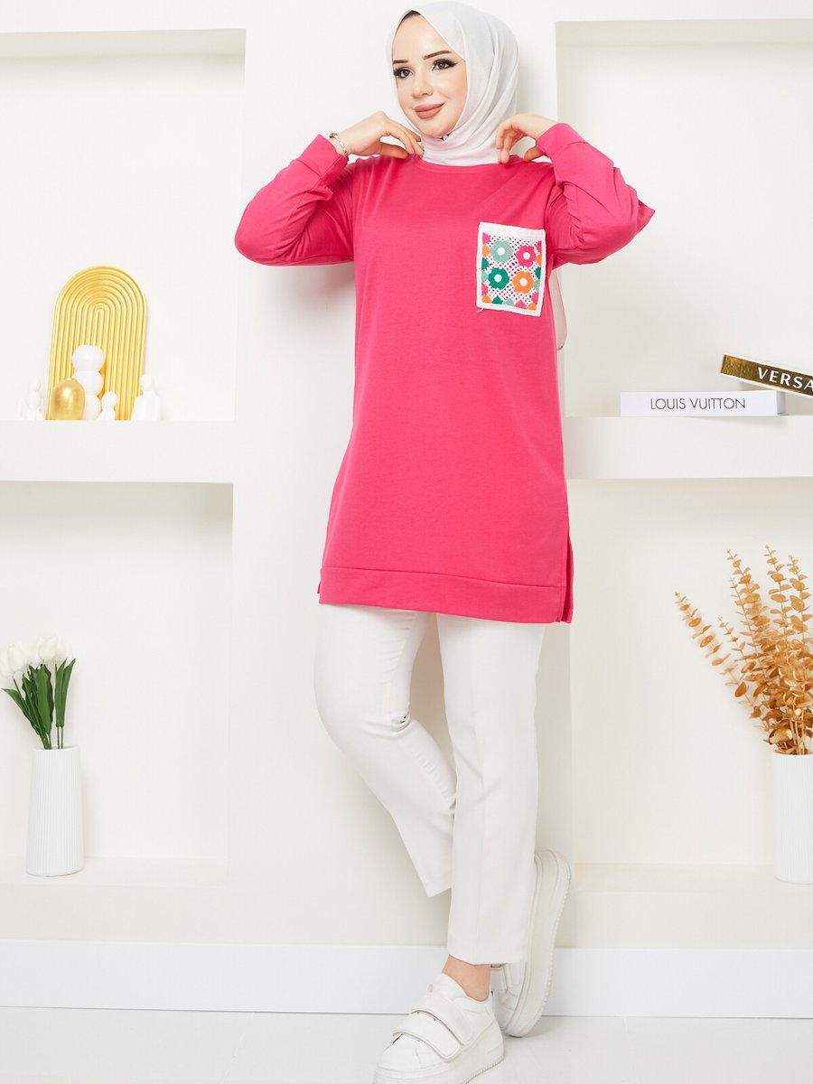 Sinanur Pembe Cep Detaylı Sweatshirt