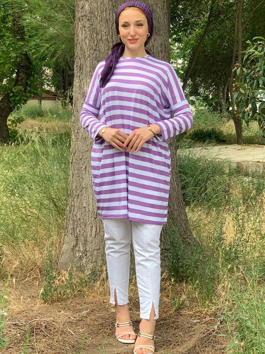 Moda Rosa Lila Kalın Çizgili Oversize Tunik