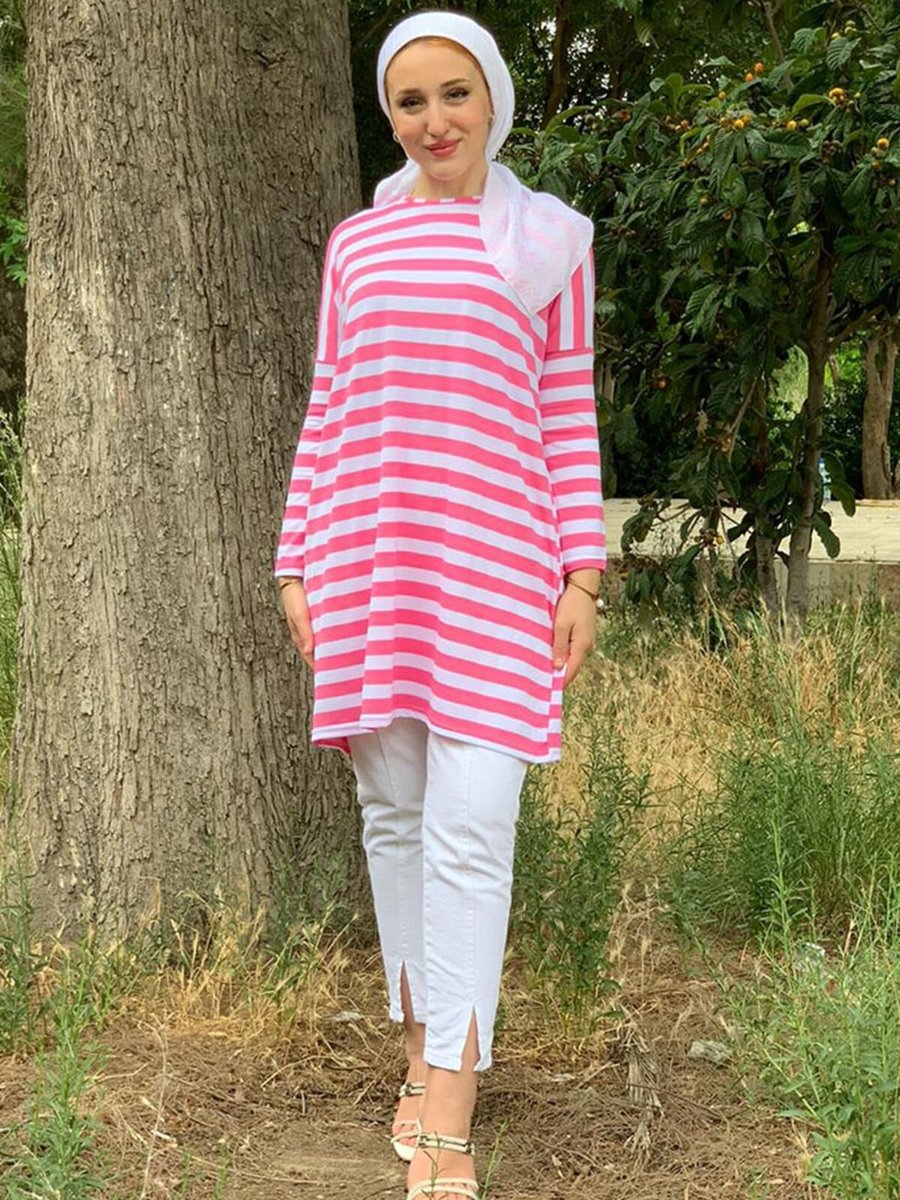 Moda Rosa Şeker Pembe Kalın Çizgili Oversize Tunik