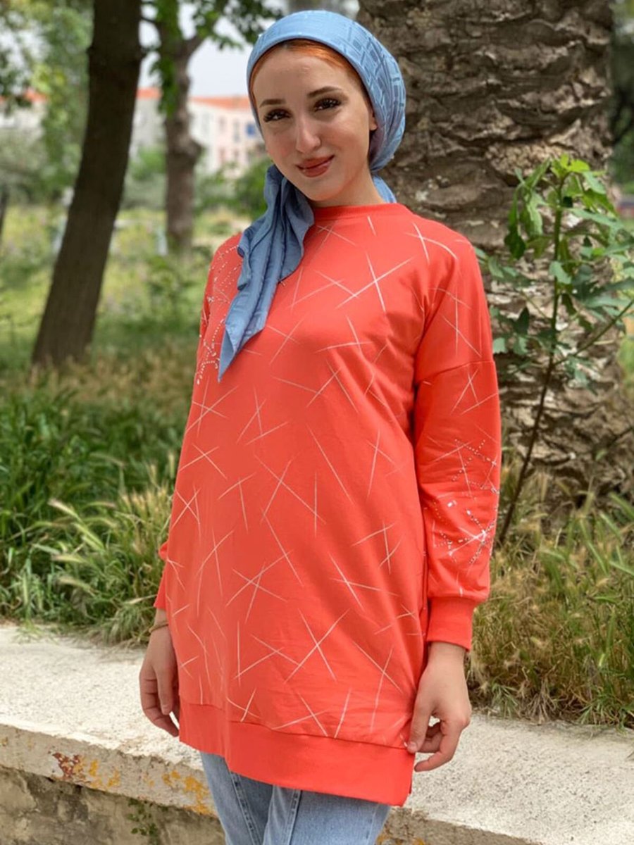 Moda Rosa Coral Taş Ve Parlak Baskılı Tunik