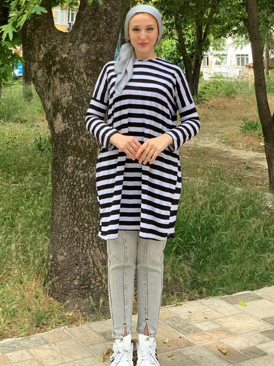 Moda Rosa Siyah Kalın Çizgili Oversize Tunik