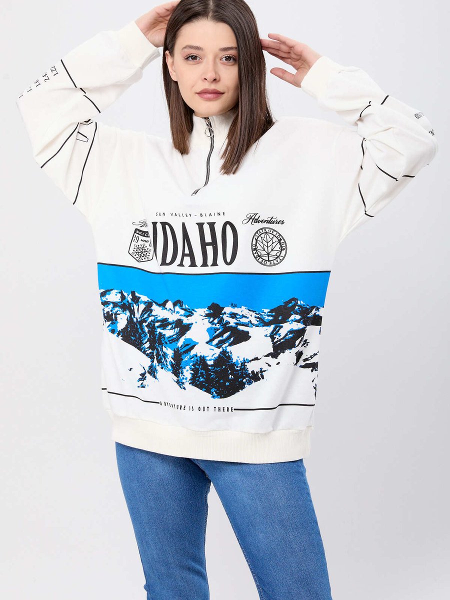 Tofisa Ekru Idaho Baskılı Yakası Fermuarlı Sweatshirt