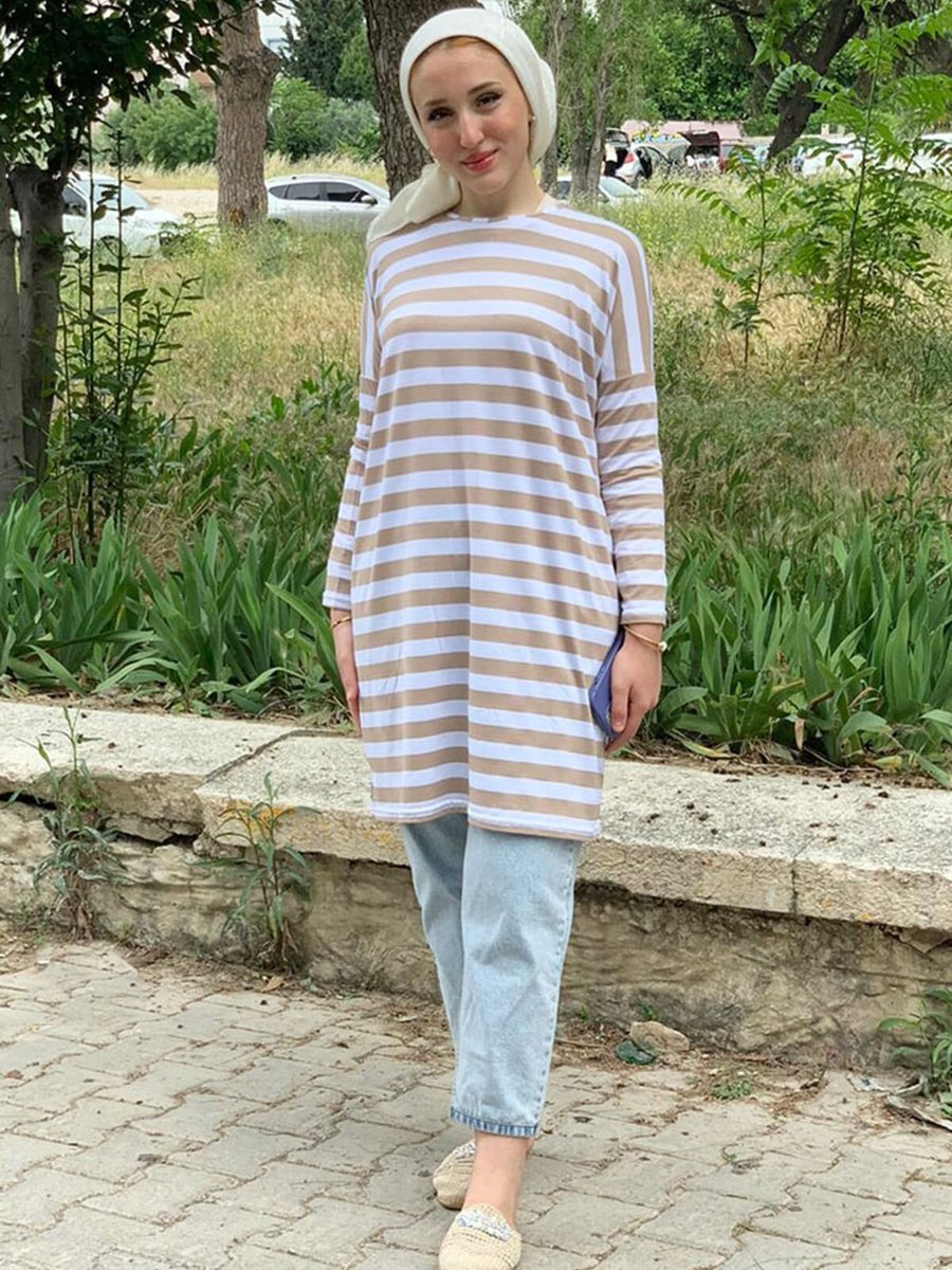 Moda Rosa Latte Kalın Çizgili Oversize Tunik