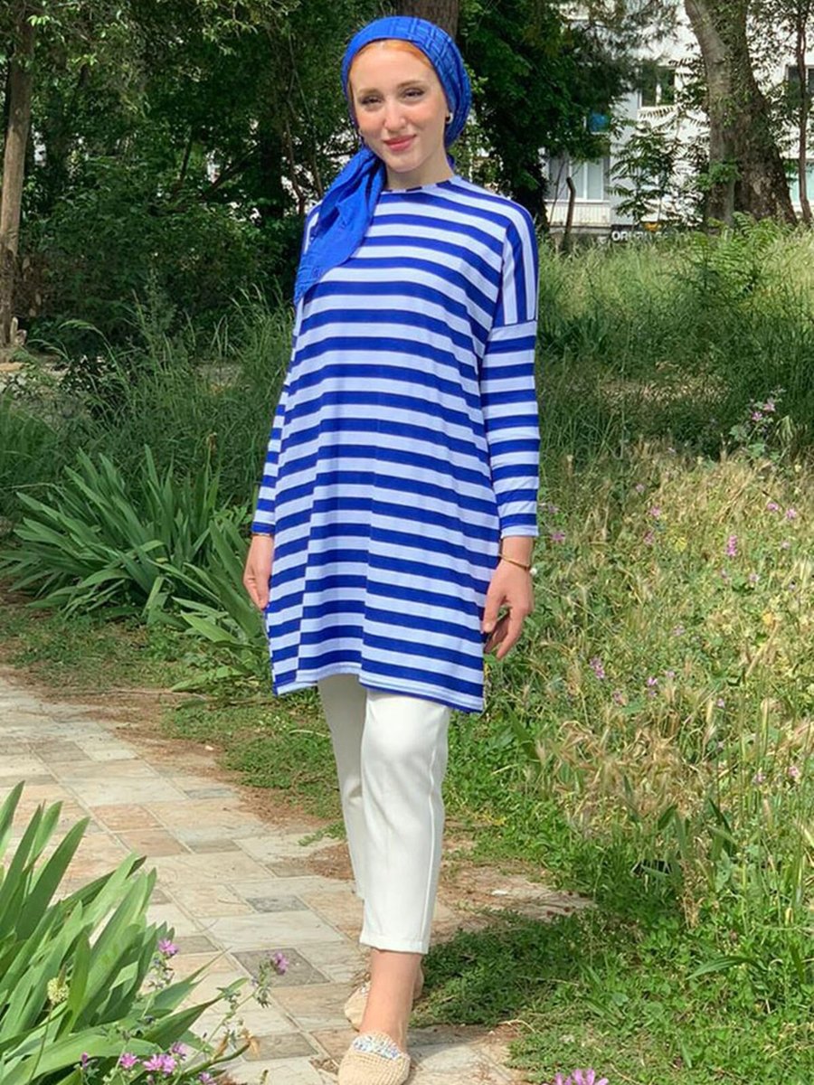 Moda Rosa Saks Kalın Çizgili Oversize Tunik