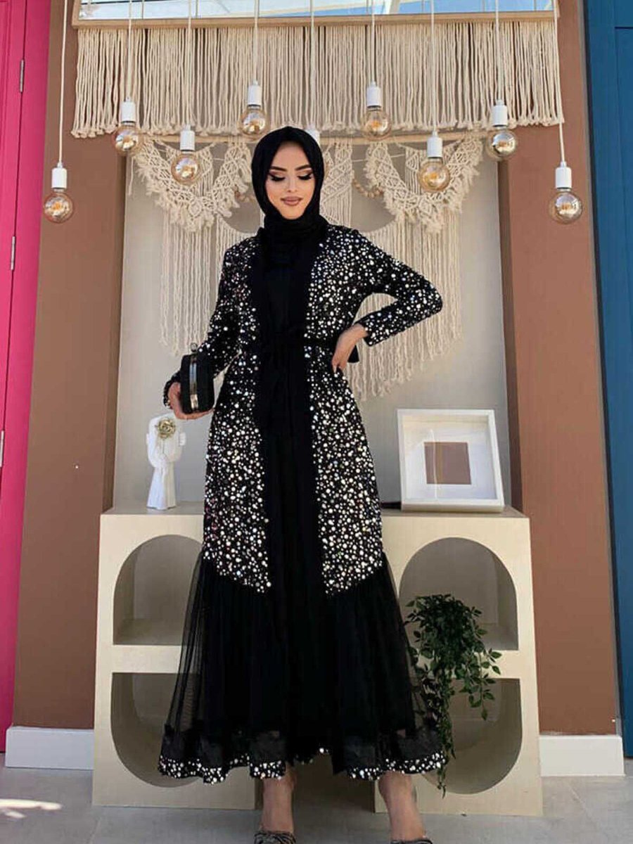 Bym Fashion Tül İşleme Detay Pul Payetli Abaya Gümüş