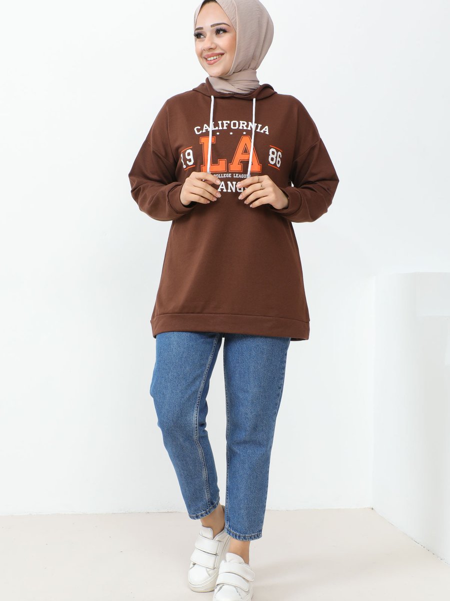 İmajbutik Kahverengi Kapüşonlu La Baskılı İki İplik Sweatshirt