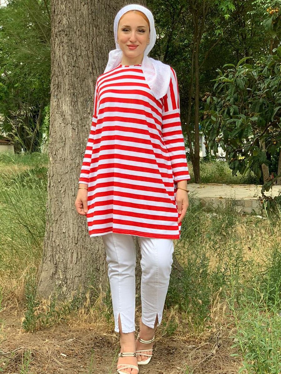 Moda Rosa Kırmızı Kalın Çizgili Oversize Tunik