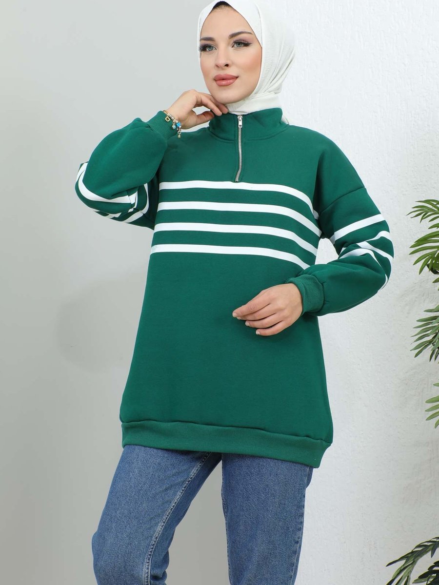 İmajbutik Zümrüt Yeşili Yaka Fermuarlı Çizgili Üç İplik Şardonlu Sweatshirt