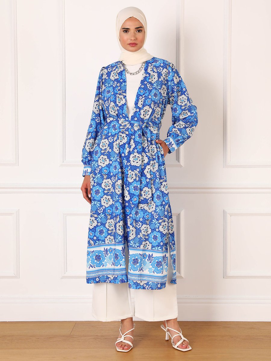 Refka Çiçek Desenli Kimono & Pantolon Takım Mavi