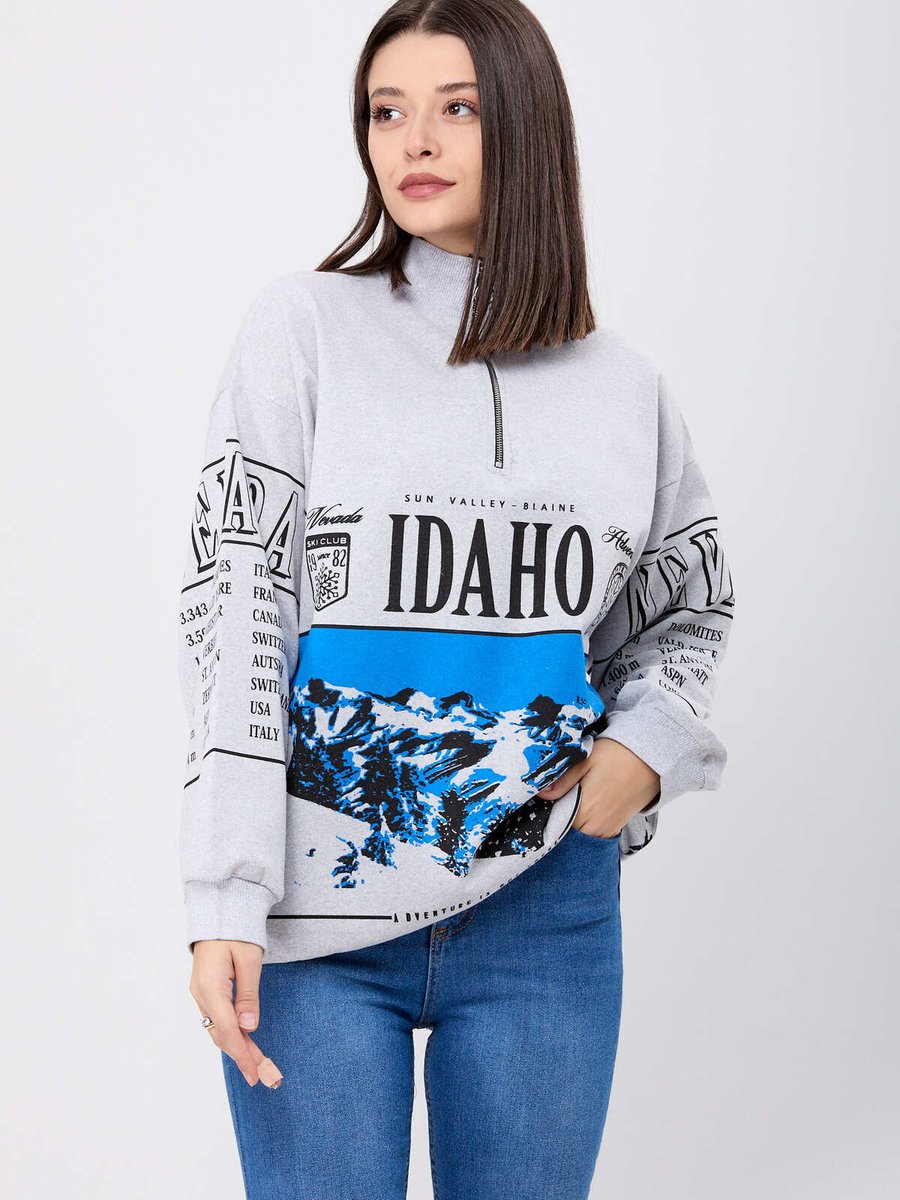 Tofisa Grı Idaho Baskılı Yakası Fermuarlı Sweatshirt