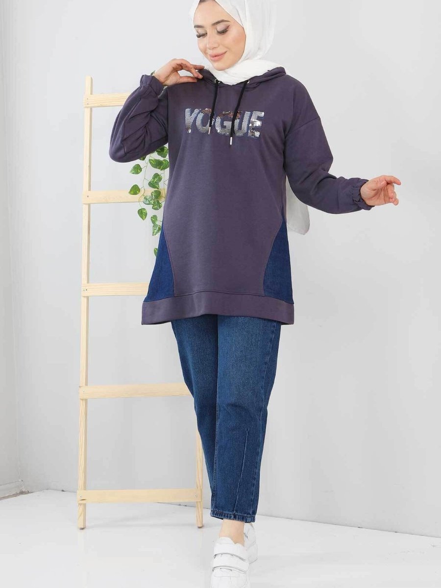 Tesettür Dünyası Yazı Detaylı Sweatshirt Füme