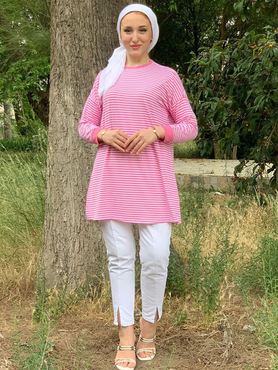 Moda Rosa Şeker Pembe Arissa Çizgili Basıc Tunik