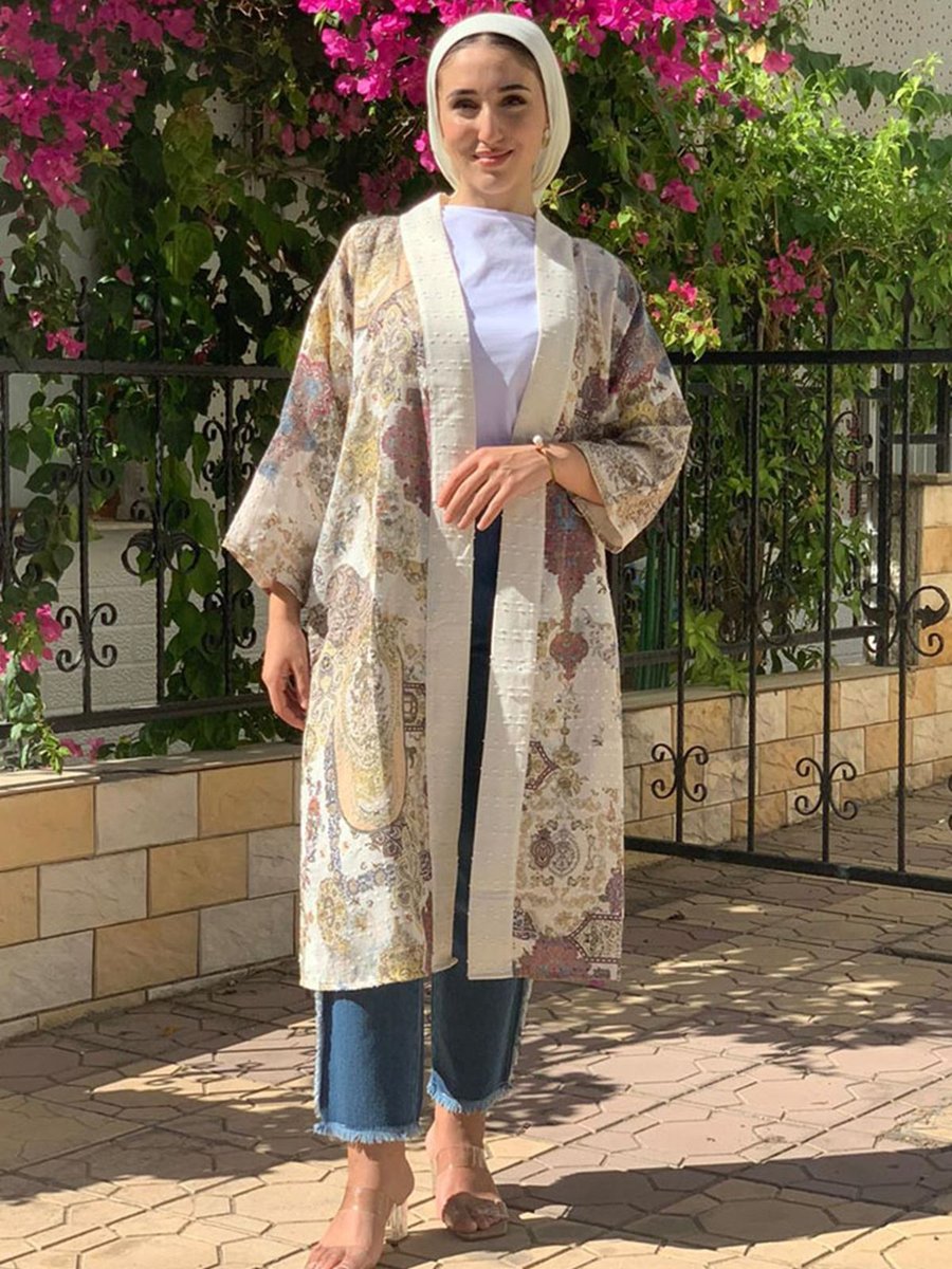 Moda Rosa Yağ Yeşili Otantik Desenli Keten Kimono