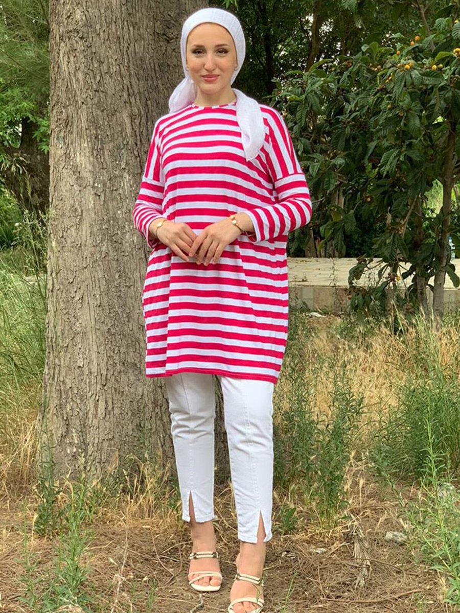 Moda Rosa Fuşya Kalın Çizgili Oversize Tunik