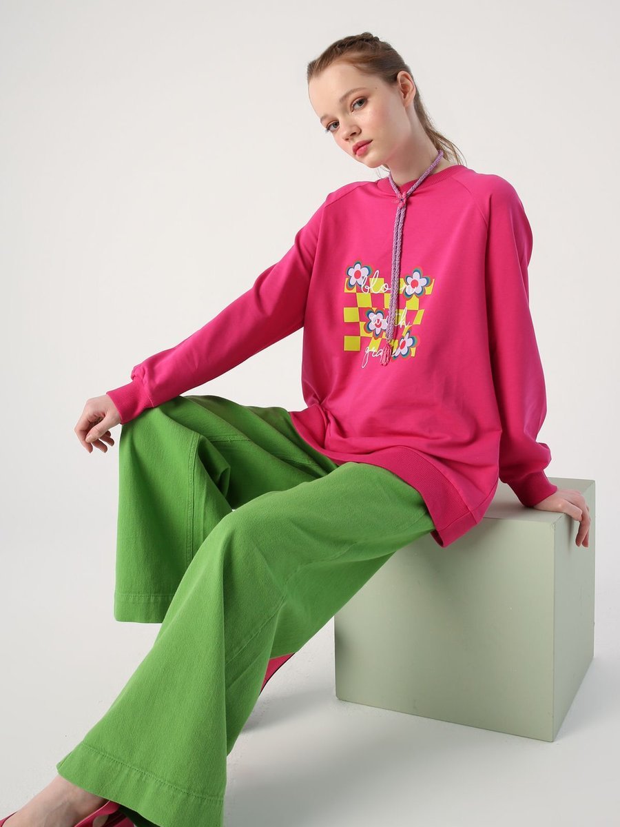 Allday Fuşya Bisiklet Yaka Bloom With Grace Baskılı Sweatshirt