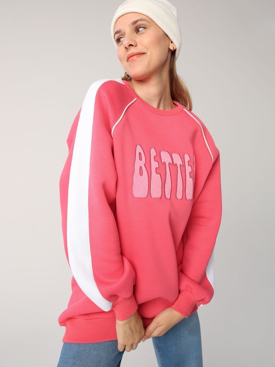 Allday Koyu Pembe Kontrast Garnili Nakışlı Şardonlu Sweatshirt