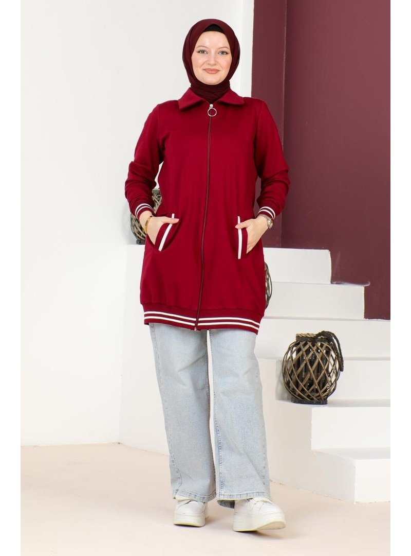 Burcu Fashion Bordo Ribana Detaylı Kısa Kap