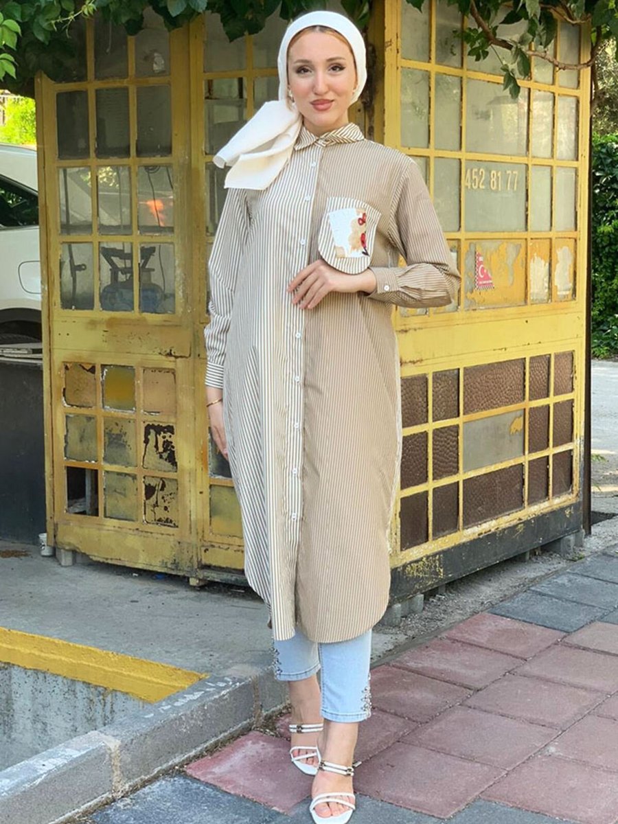 Moda Rosa Camel Cebi Saten Detay Poplin Uzun Tunik