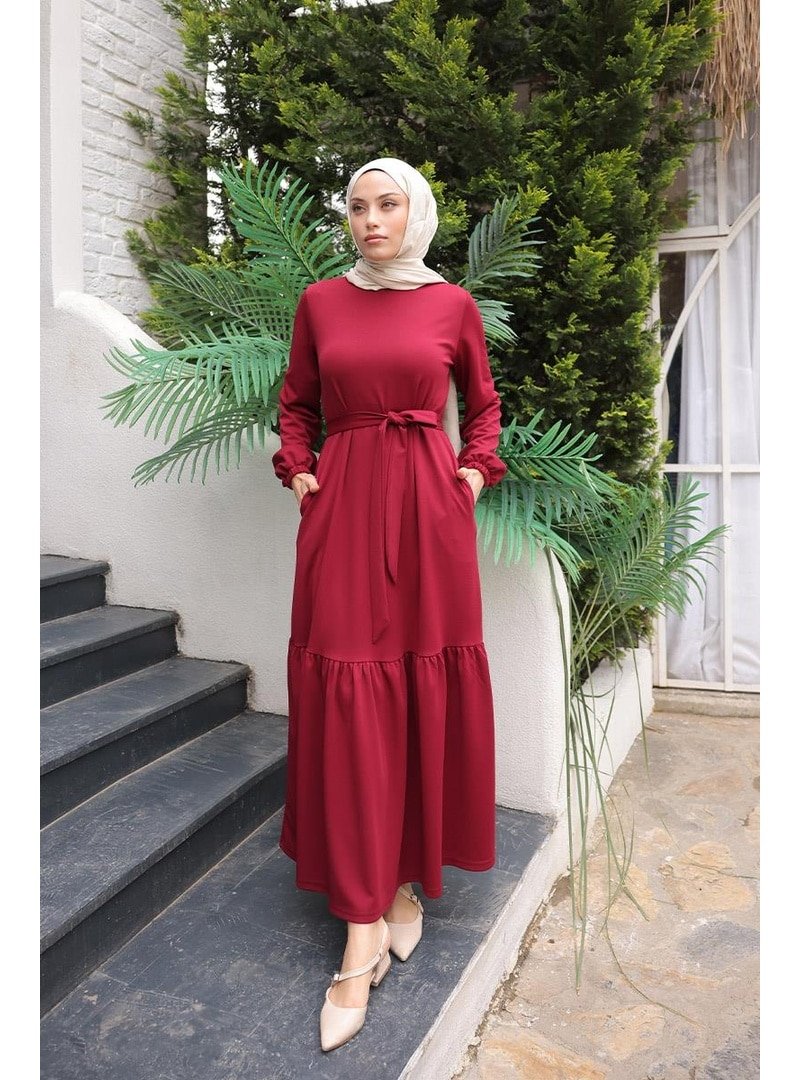 Burcu Fashion Bordo Eteği Fırfırlı Tesettür Elbise