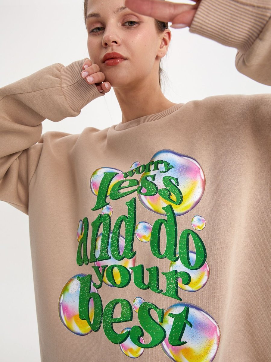 Allday Bej01 Baloncuk Baskılı Oversize Şardonlu Sweatshirt