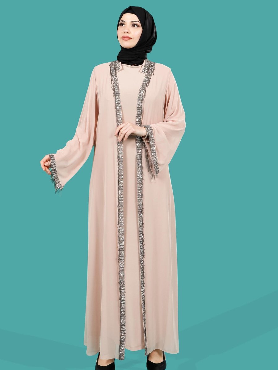 Markasız Bej Şakira Taşlı Abaya