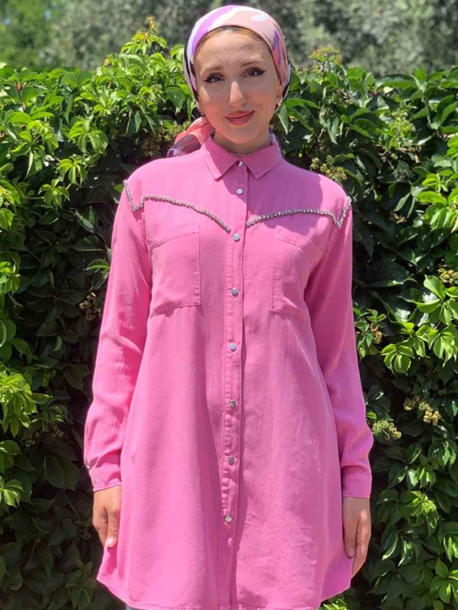 Moda Rosa Pembe Su Yolu Taşlı Tensel Gömlek Tunik