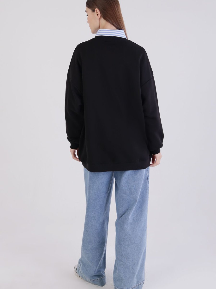 Allday Siyah Oversize İplik Basic Sweatshirt