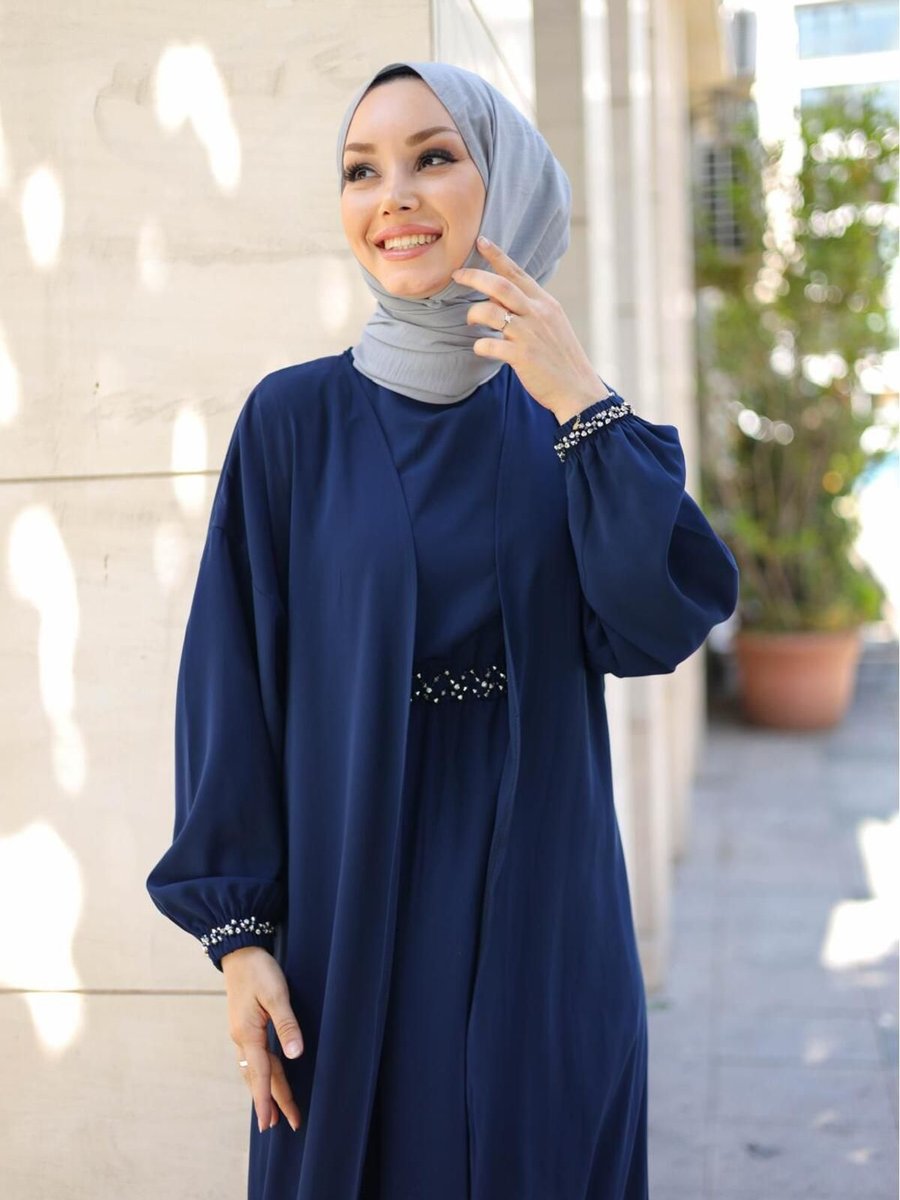 Nueny Prive Abaya Takım Dikme Kristal Boncuklu