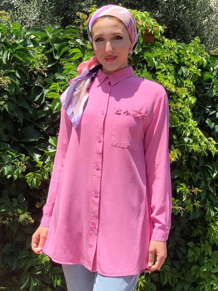 Moda Rosa Pembe Boncuk Taşlı Tensel Gömlek Tunik