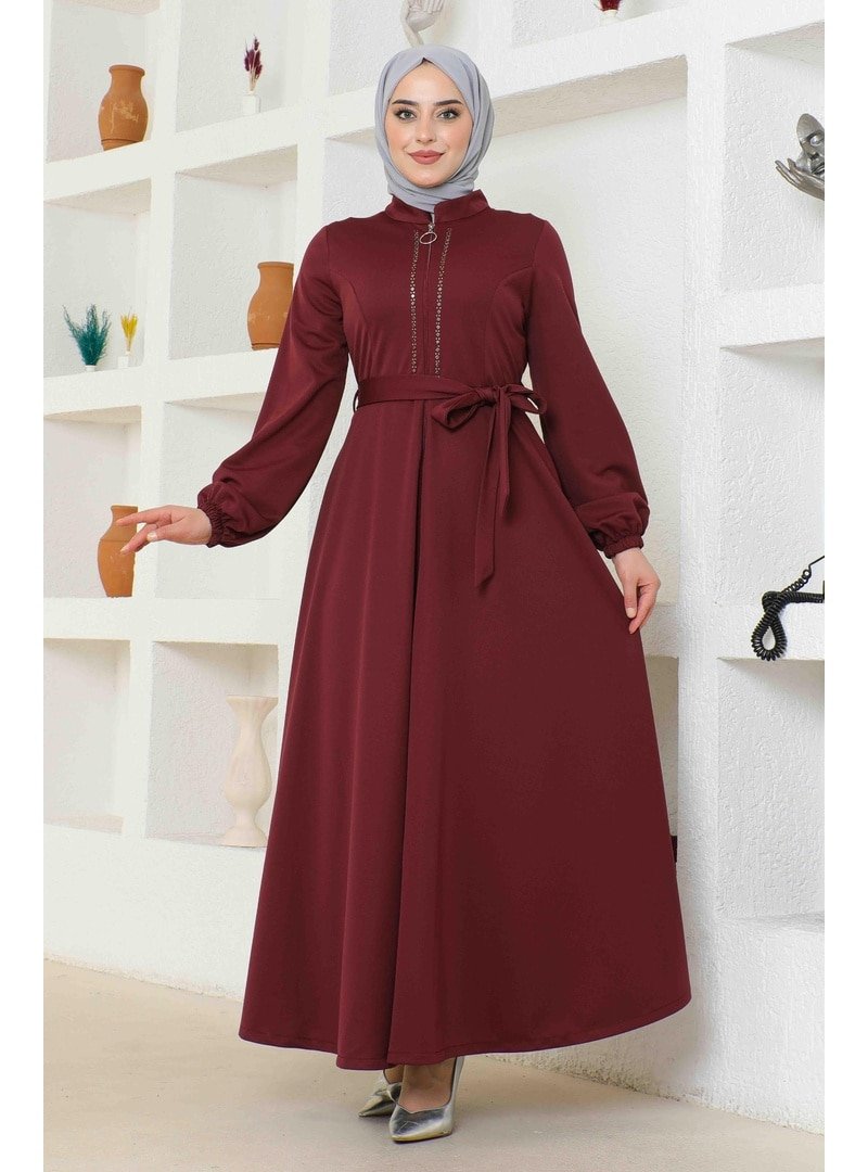 Burcu Fashion Bordo Önden Fermuarlı Taş Detaylı Ferace