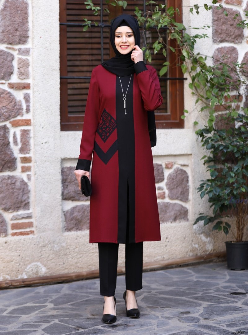 Azra Design Bordo Beyza Tunik & Pantolon İkili Abiye Takım