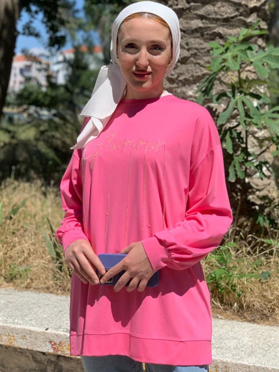 Moda Rosa Pembe Tonaton Zincir Nakışlı Sweat