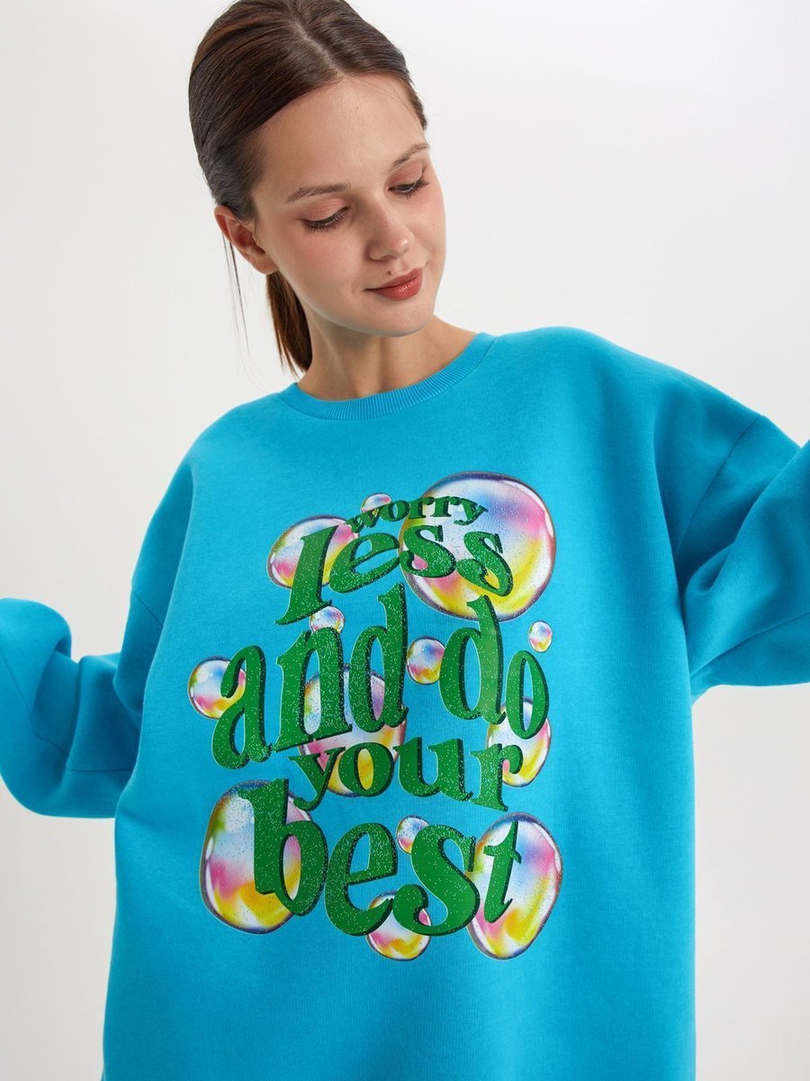 Allday Turkuaz Baloncuk Baskılı Oversize Şardonlu Sweatshirt