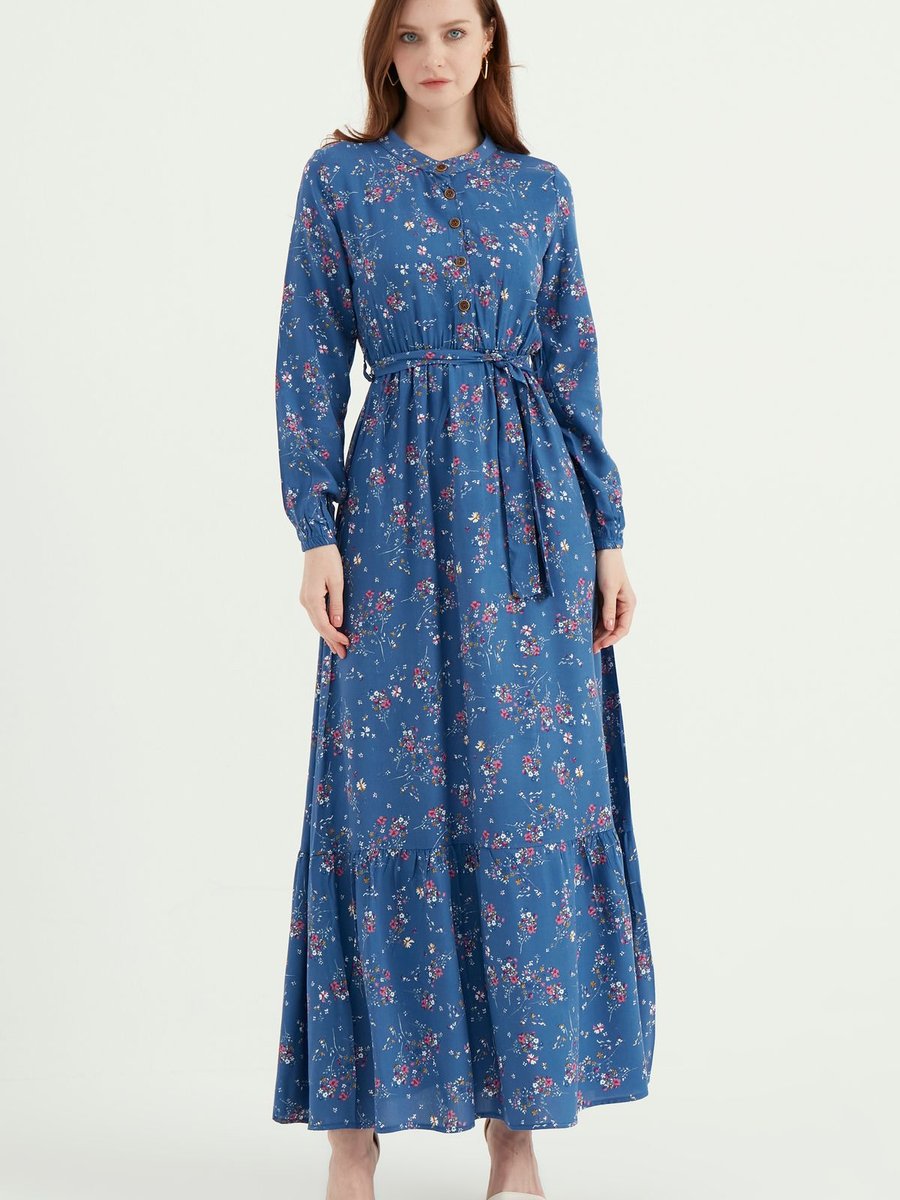 Zenane Floral Desenli Uzun Kollu Maksi Modest Elbise