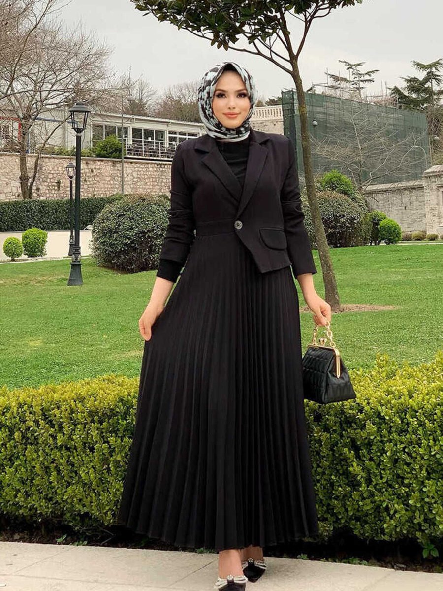 Bym Fashion Ceket Görünümlü Eteği Piliseli Elbise Siyah