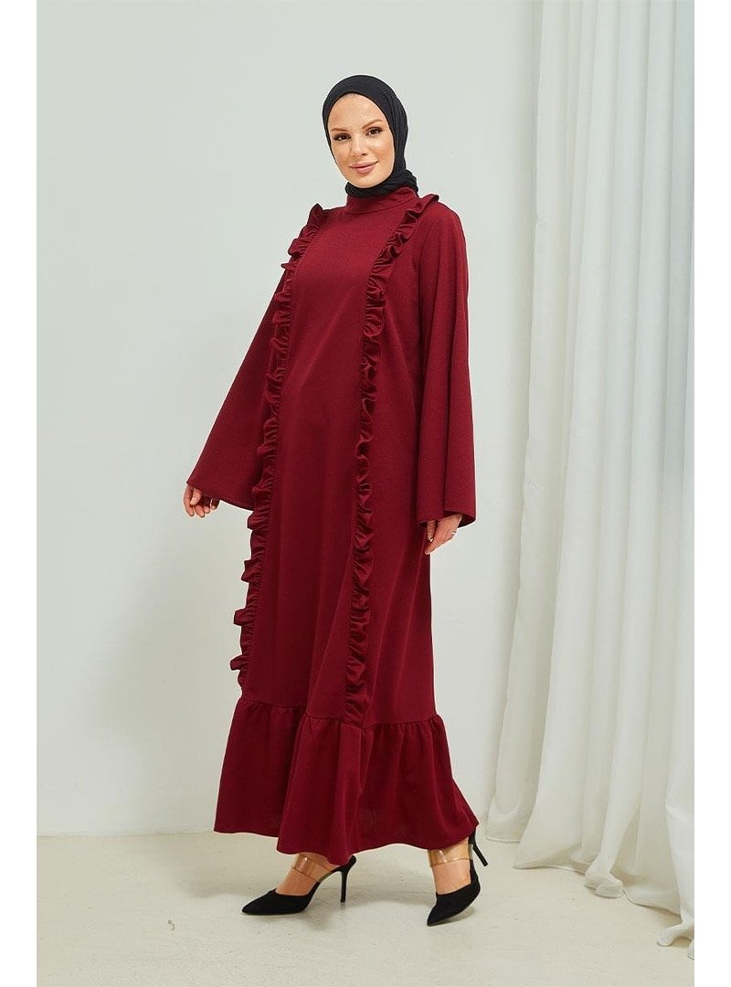 Burcu Fashion Bordo Fırıfır Detaylı Elbise Abaya