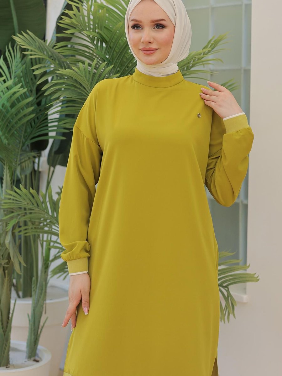 Armine Trend Armine Trend Kolları Ribanalı Arkadan Uzatmalı Basic Tunik Olive