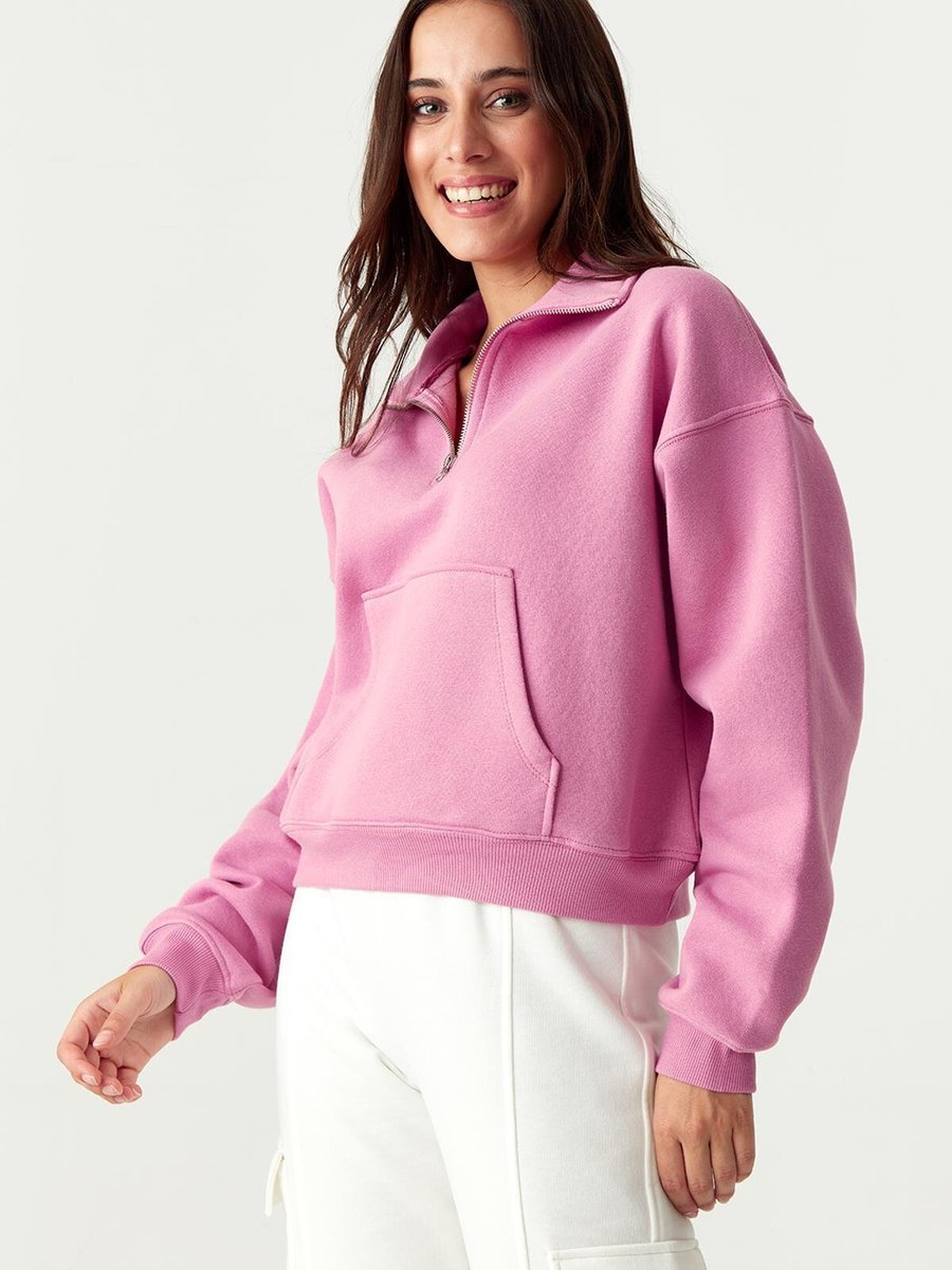 Select Moda Pembe Dik Yaka Fermuarlı Crop Sweatshirt