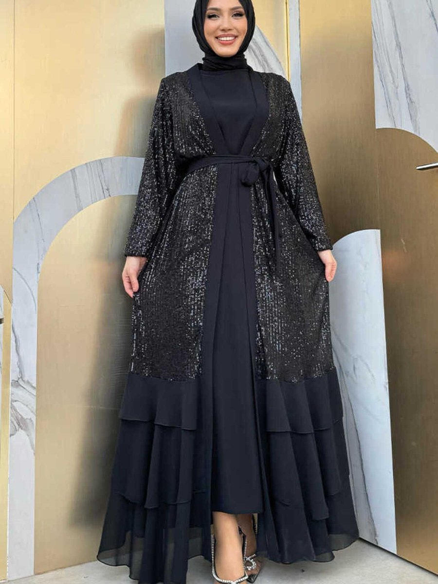 Bym Fashion Pulpayet İşlemeli Abaya Ve Elbise Takım Siyah