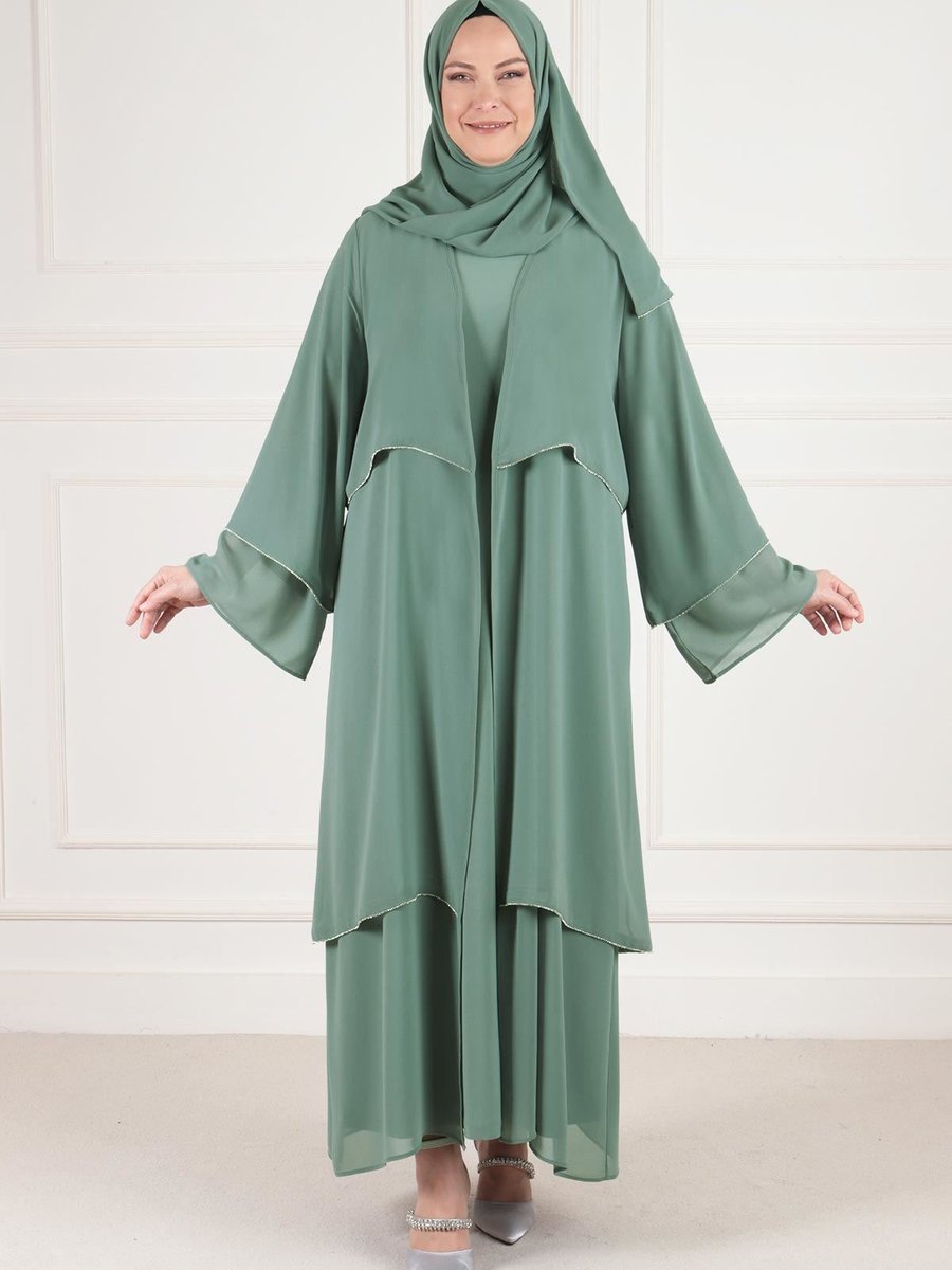 Behrem Büyük Beden Double Şifonlu Taşlı Abaya Mint Yeşili