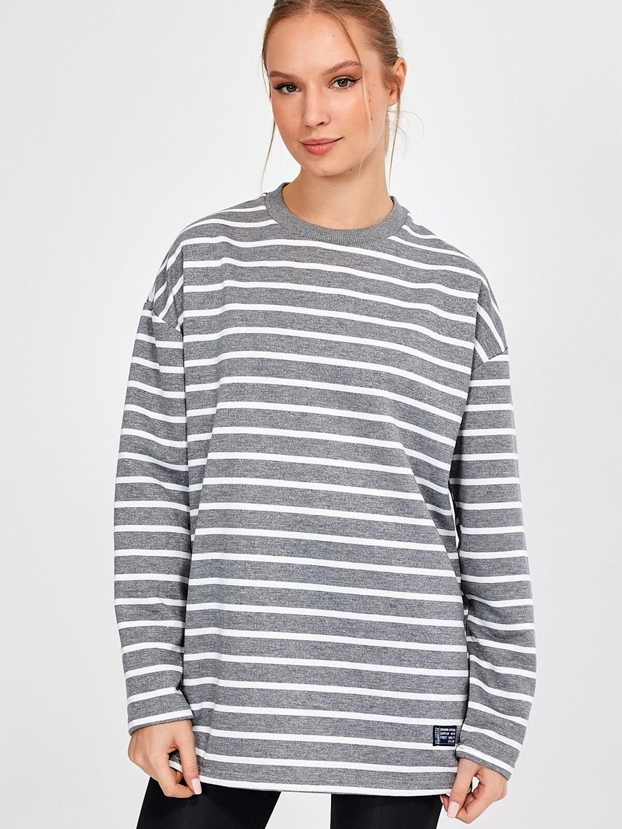 ALEXANDERGARDI Gri Çizgili Oversize Basic Sweatshirt