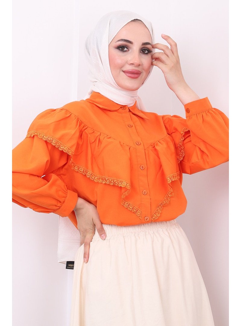 İmaj Butik Orange Ön Katlı Güpürlü Gömlek