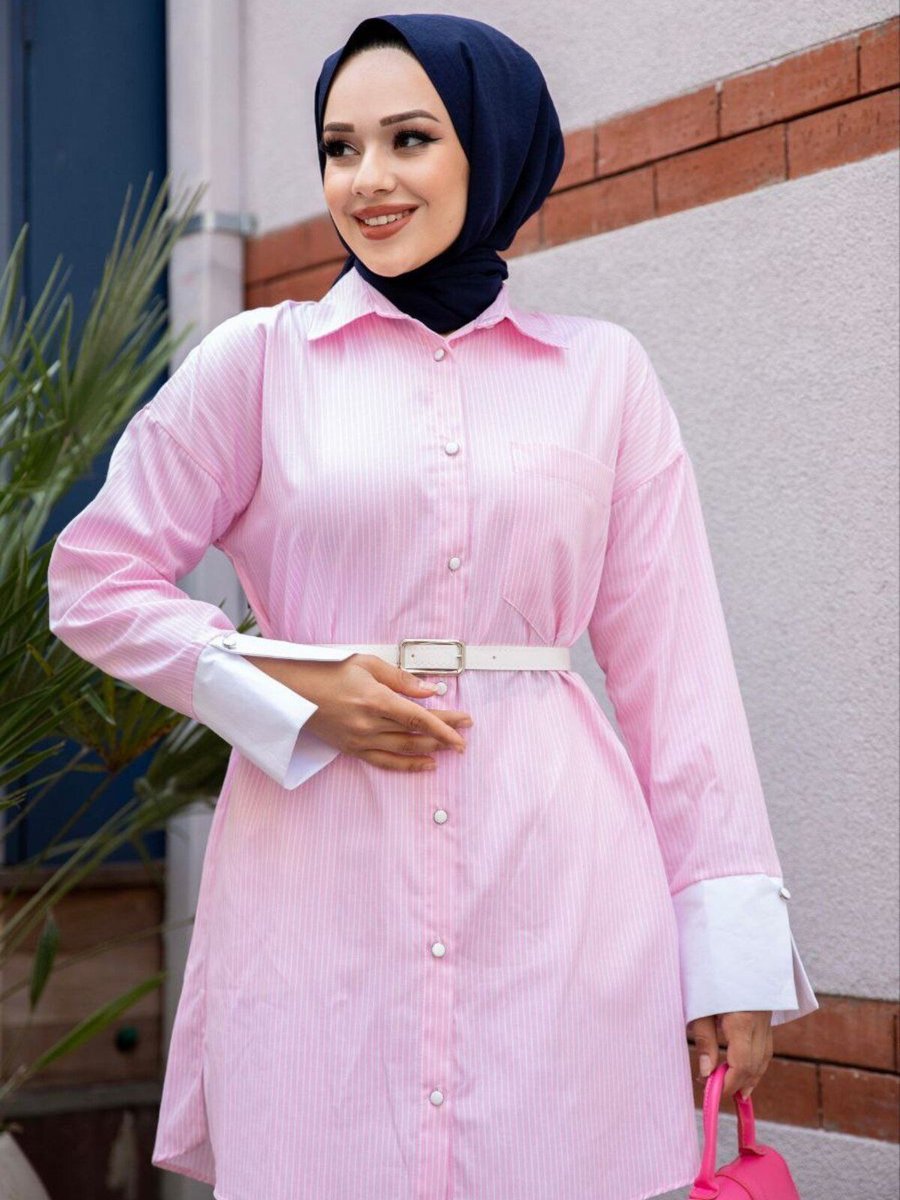 Ruhe Design Pembe Garnili Çizgili Oversize Gömlek