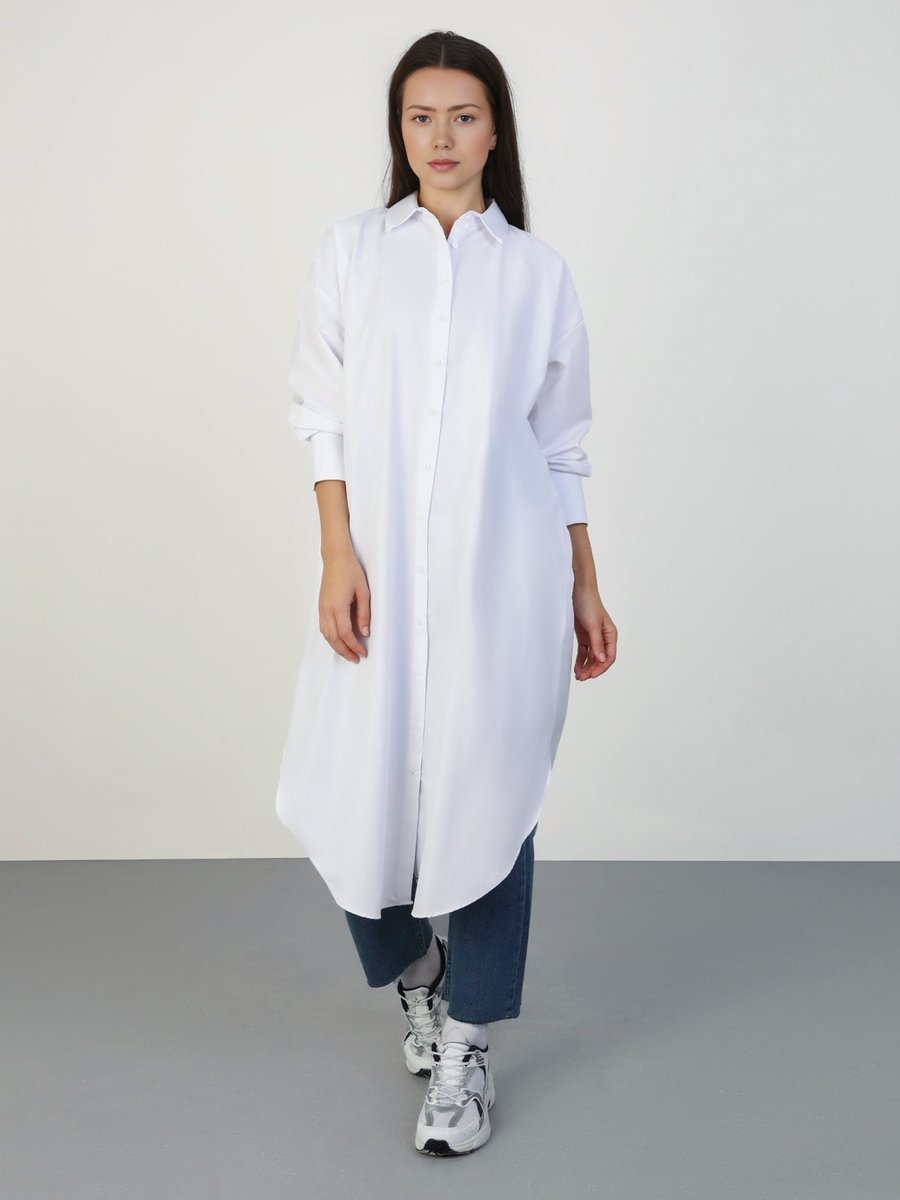 Benin Off White Pamuklu Poplin Oversize Gömlek Tunik