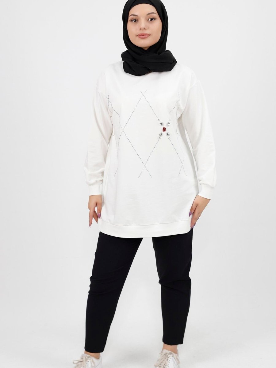 Butik Ekru Taş Desenli İplik Sweatshirt