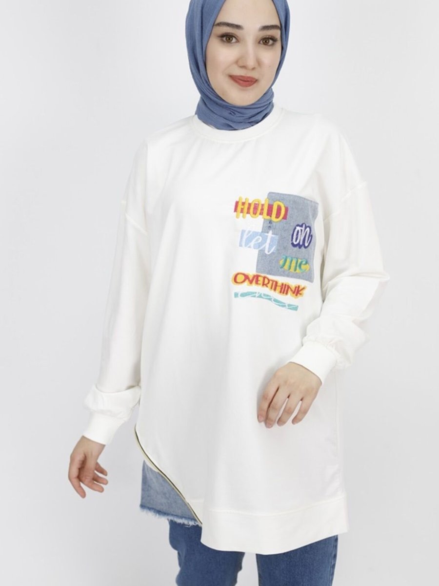 Butik Ekru Nakış Detaylı İp Kumaş Sweatshirt