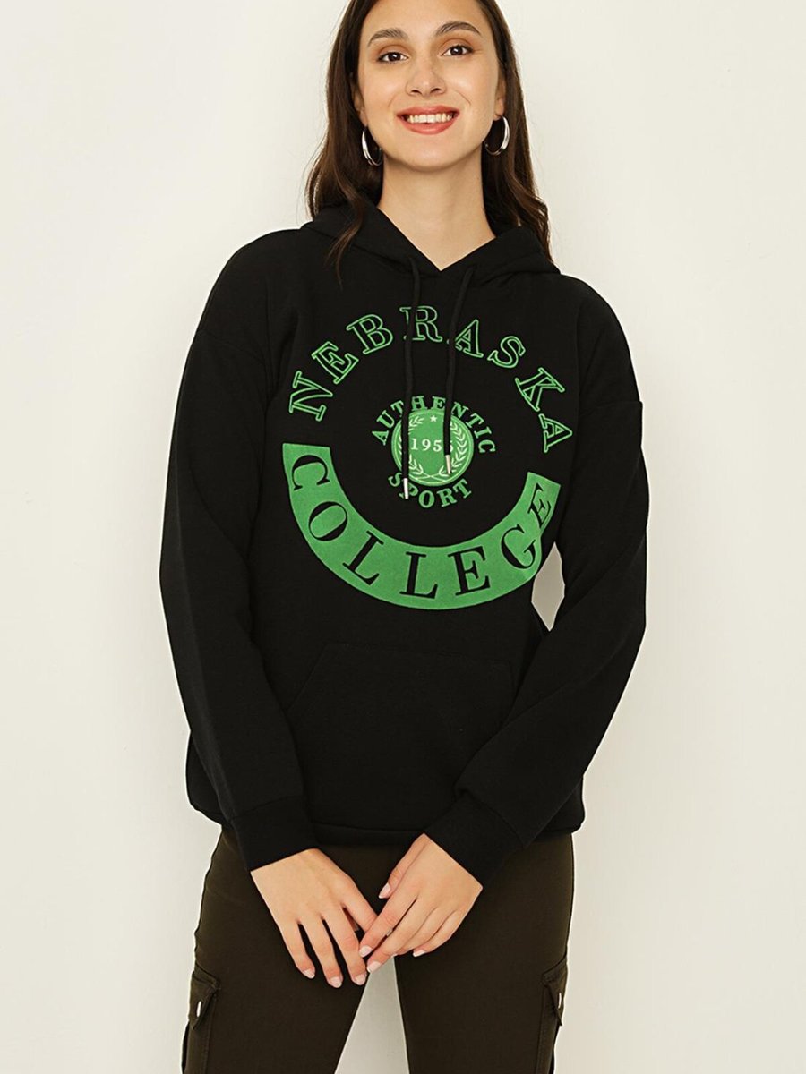 Select Moda Siyah Kapüşonlu Cepli Baskılı Sweatshirt