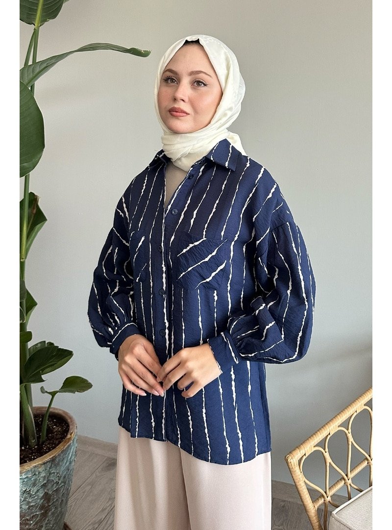 InStyle Batik Şeritli Salaş Lacivert Gömlek